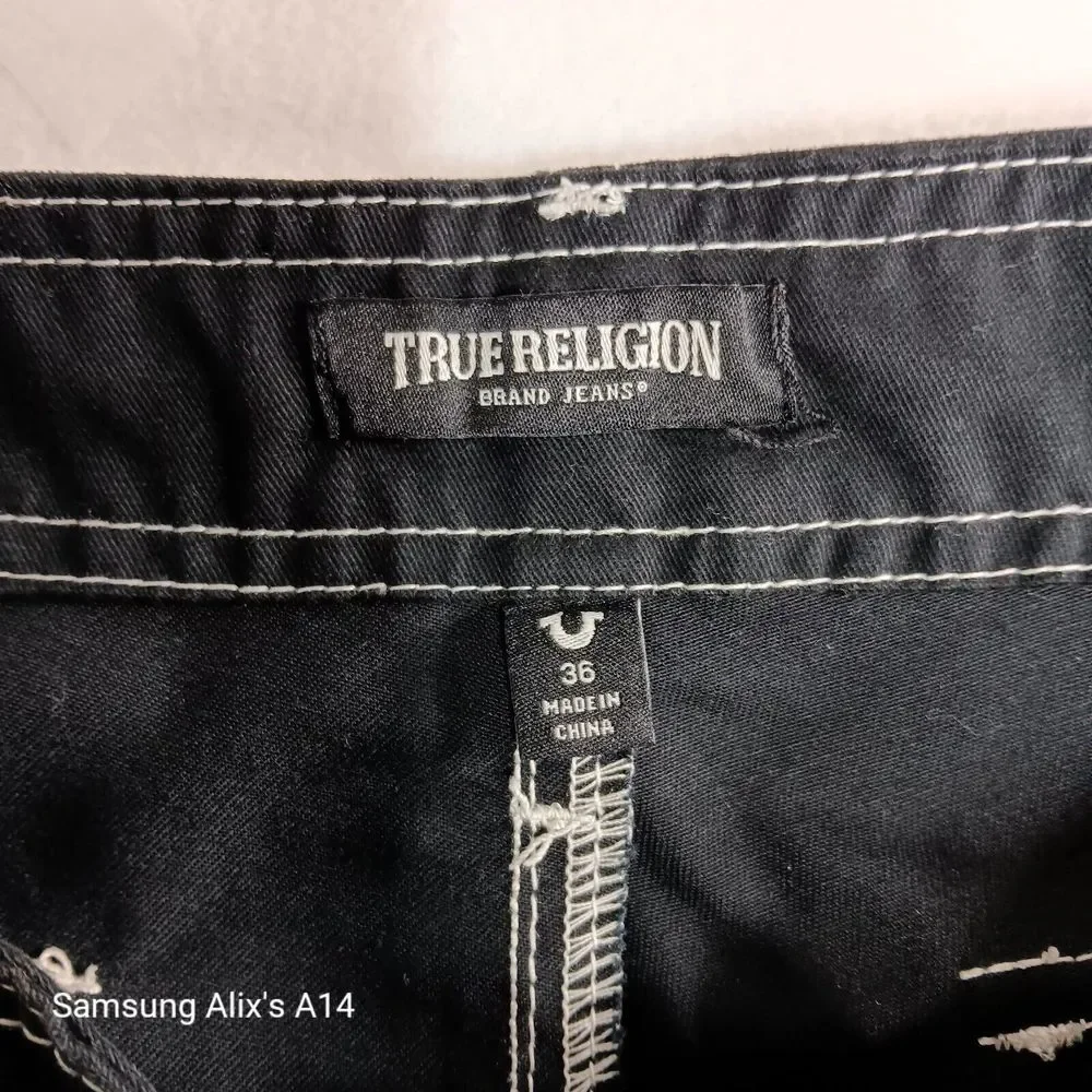 True Religion Cargo Pants Jet‎ Black White Stitch 108335R Mens Size 36